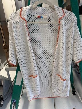 NWOT Free People Besch White Open Knit Cardigan with Orange Trim SZ S